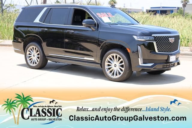 2021 Cadillac Escalade Premium Luxury in Black Raven — front three-quarter view